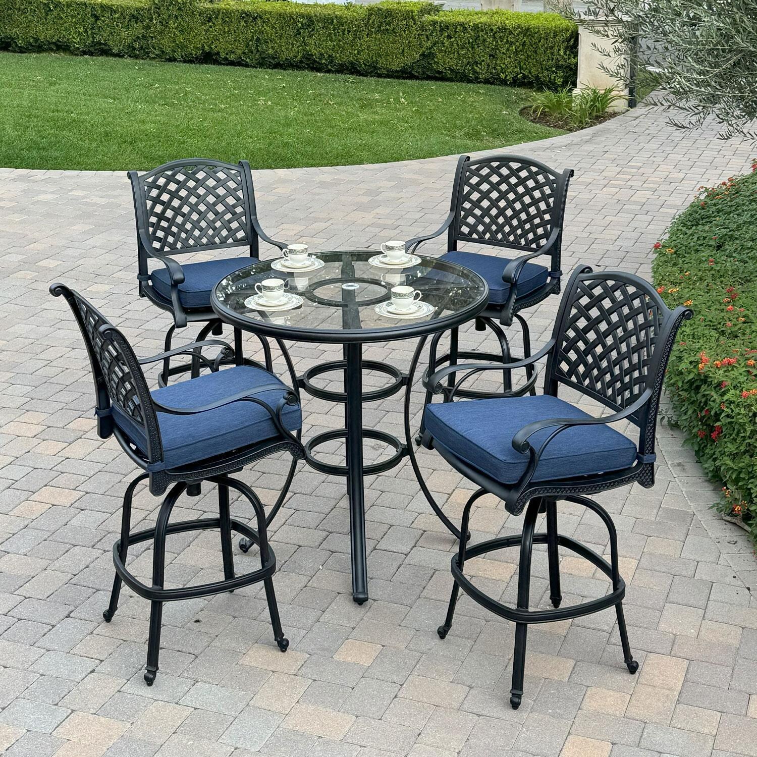 Nassau Cast Aluminum 4 Pc Set Swivel Bar Stool Set in Antique Bronze/Navy by Darlee - Shown W/ Set - Lifestyle thumbnail