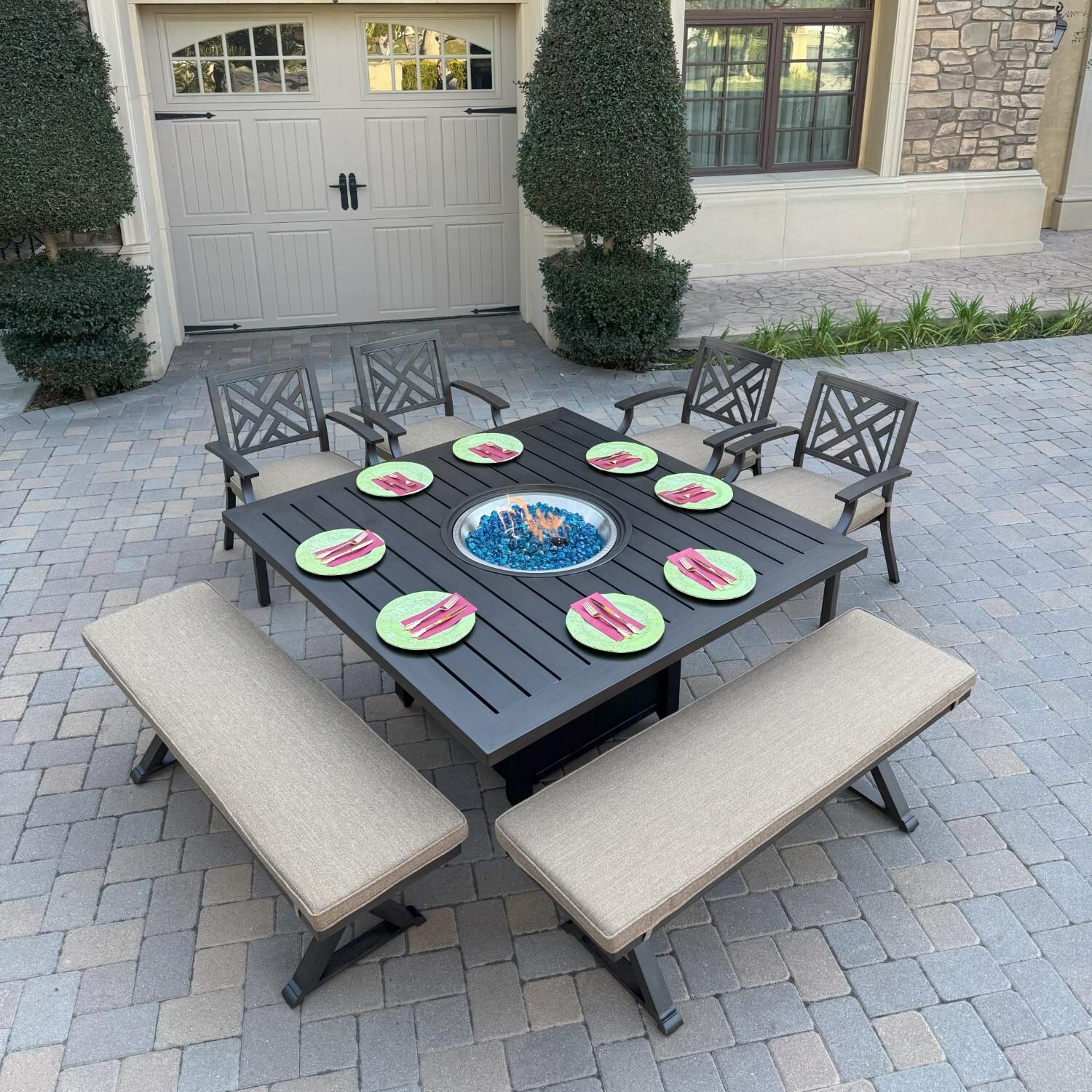 Brooklyn 7 Pc Aluminum Dining Set w/ 60 Inch Square Propane Fire Pit Table in Sesame/Multi-brown by Darlee - Hero - Lifestyle thumbnail