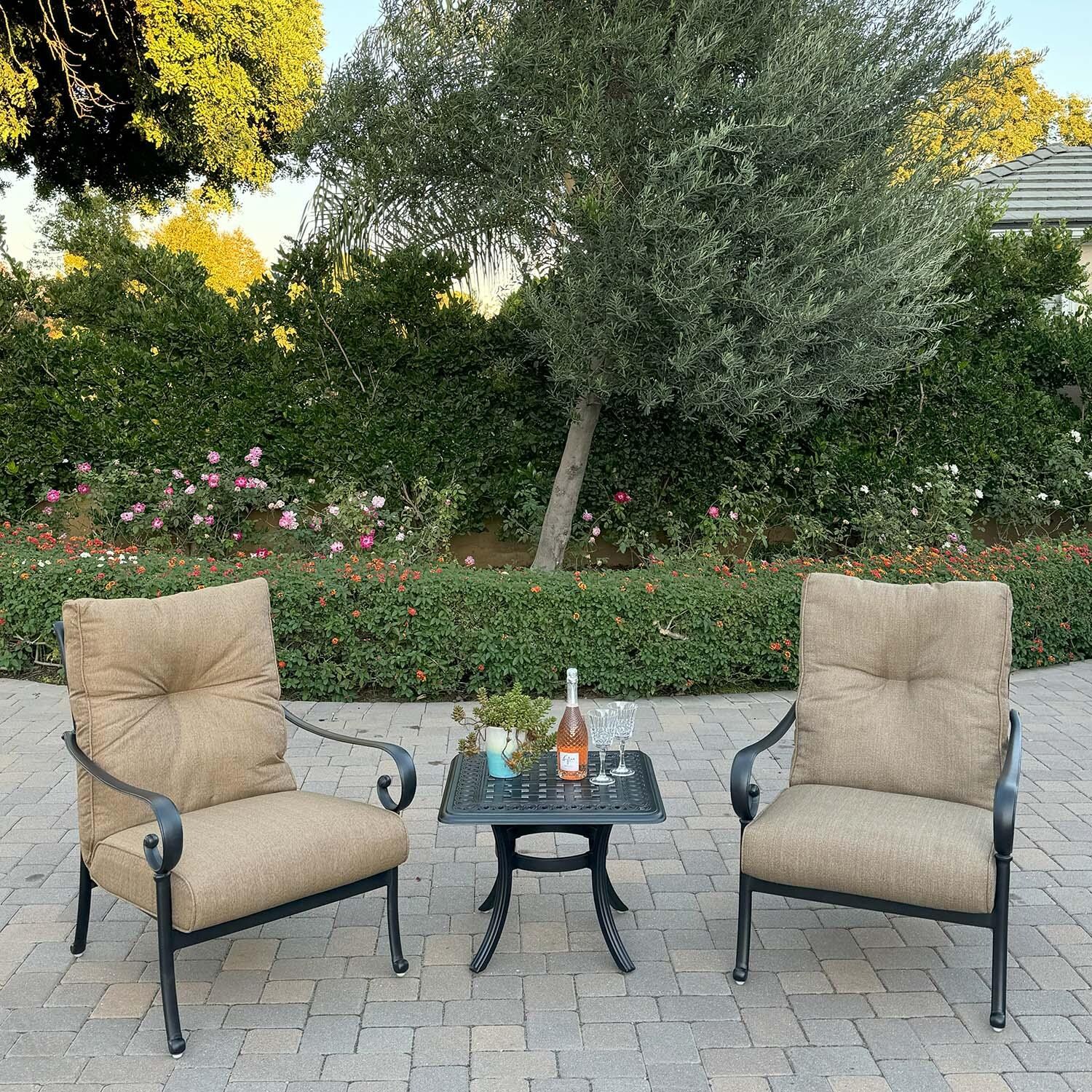 Santa Anita 3 Pc Cast Aluminum Bistro Set w/ 24 Inch Series 88 Table in Antique Bronze/Linen Sesame by Darlee