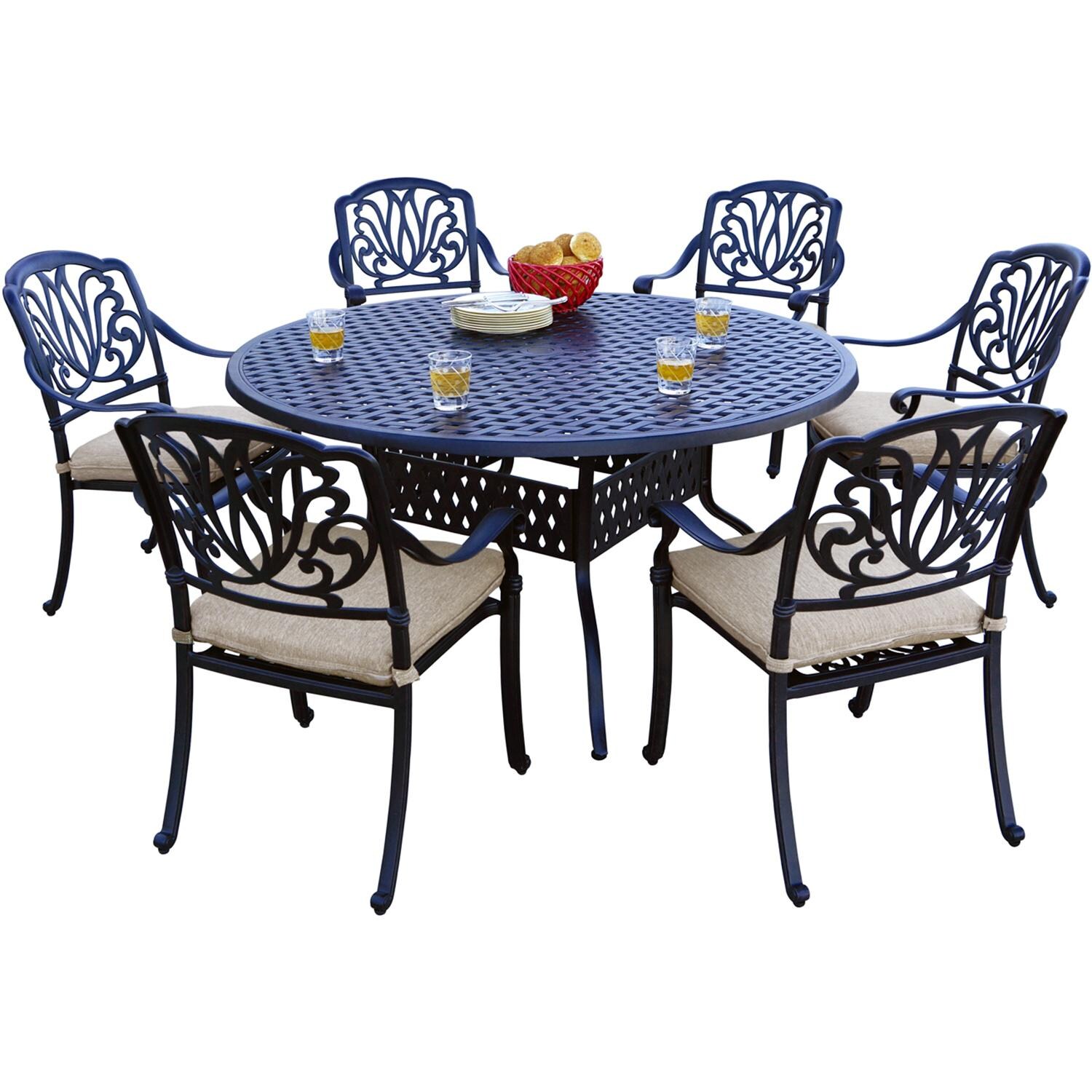 Elisabeth 7 Pc Cast Aluminum Dining Set w/ 60 Inch Series 30 Table in Antique Bronze/Beige by Darlee