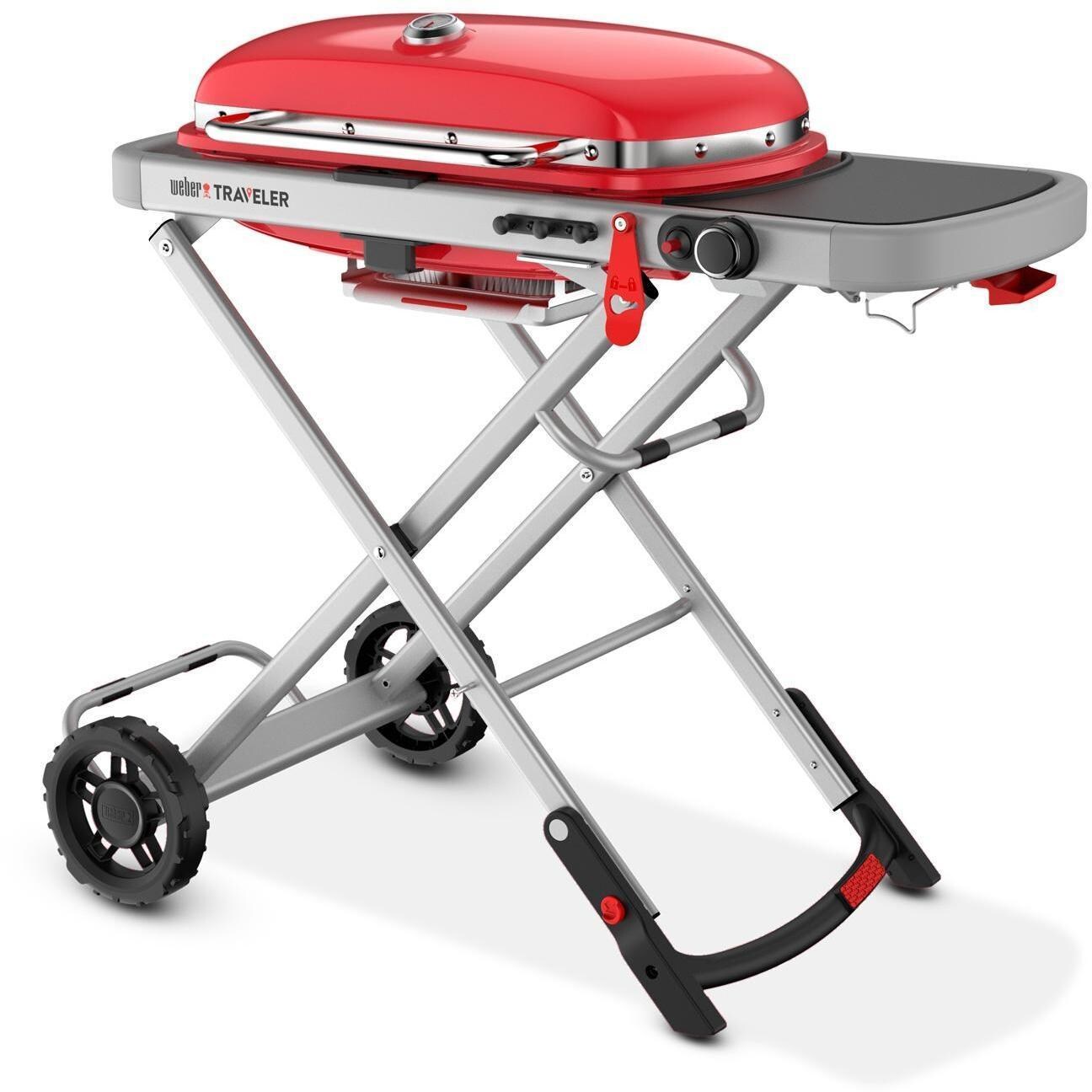 Weber Traveler 9030001 Portable Propane Gas Grill - Red - Right-Side Angled View - White Background thumbnail