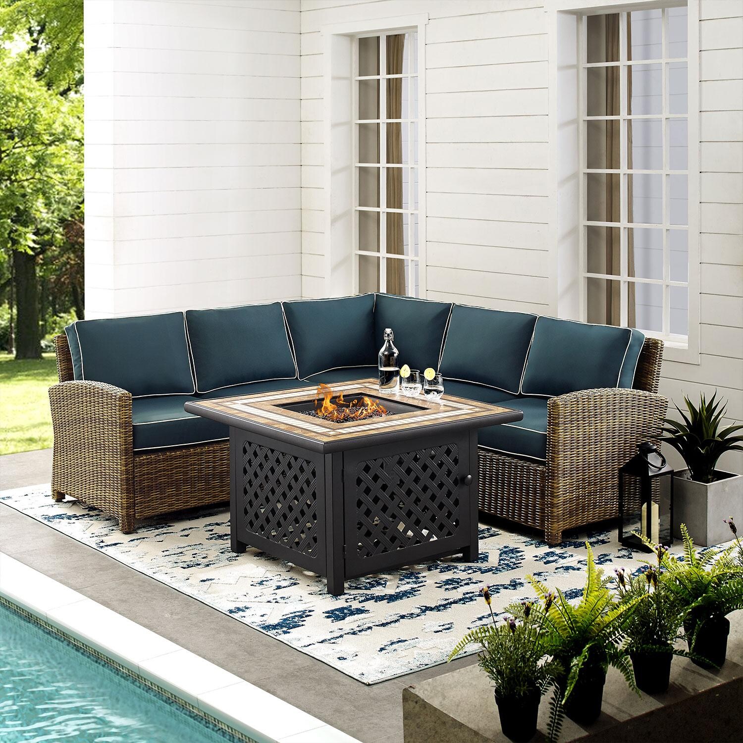 Ultimate Patio UP-92390-NV 4Pc Wicker Outdoor Sectional Set W/ Fire Table in Navy - By The Pool - Lifestyle thumbnail
