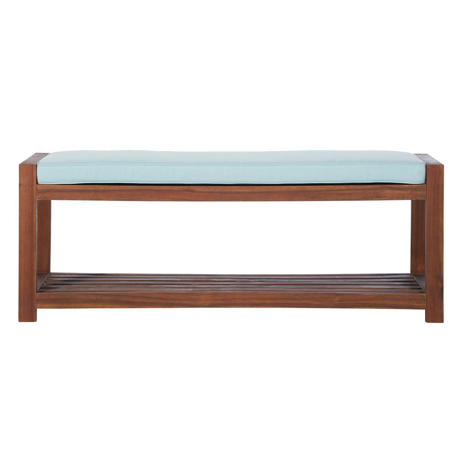 Ultimate Patio Wishlake 48 Inch Acacia Patio Bench W/ Storage Shelf & Blue Cushion - Dark Brown - Front View thumbnail