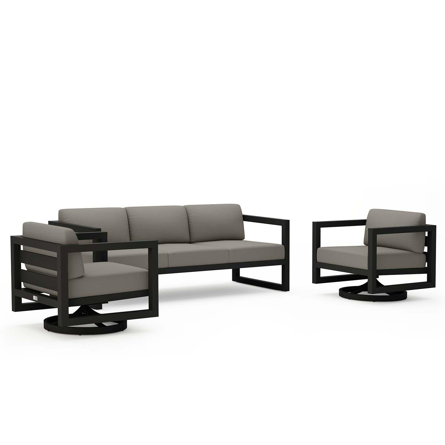 Misty Cove 3 Pc Aluminum Sofa Seating Set w/ Swivel Chairs in Black/Canvas Charcoal by Lakeview Outdoor Designs - Angled Side View - White Background thumbnail