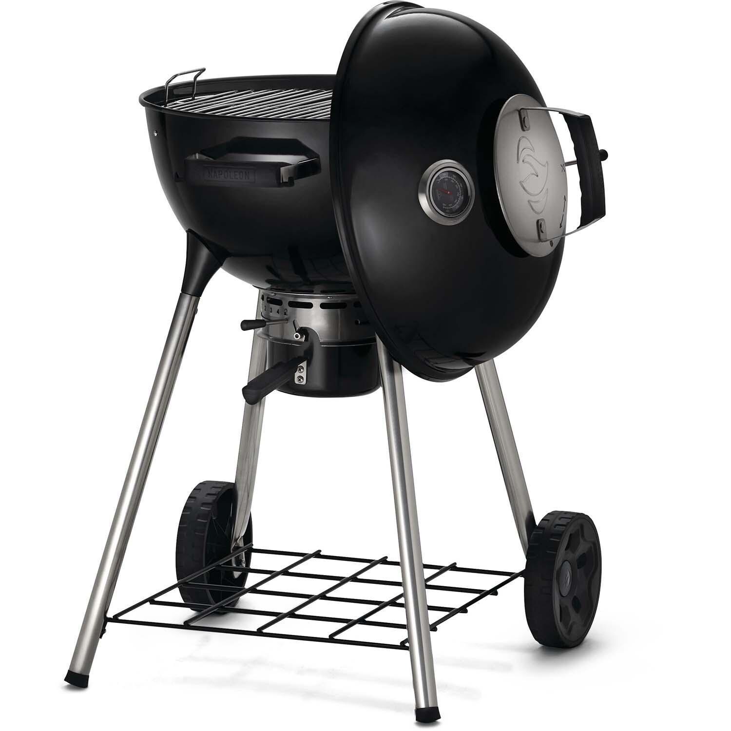 Napoleon NK18K-LEG-3 18 Inch Charcoal Kettle Grill - Black - Angled Lid Hanging - White Background thumbnail