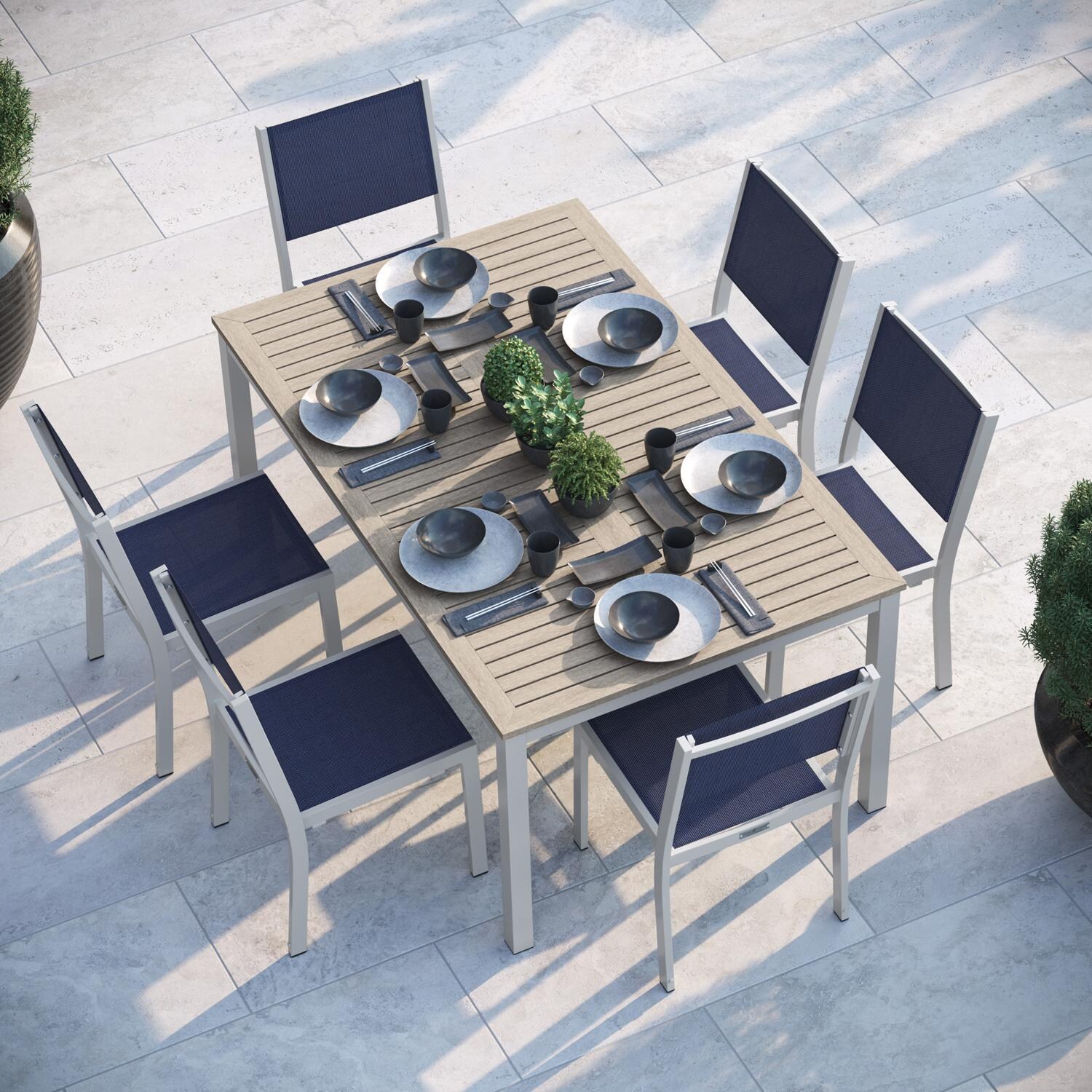 Oxford Garden Travira 7 Pc Composite Sling & Aluminum Dining Set W/ Vintage Tekwood in Flint/Ink Pen thumbnail