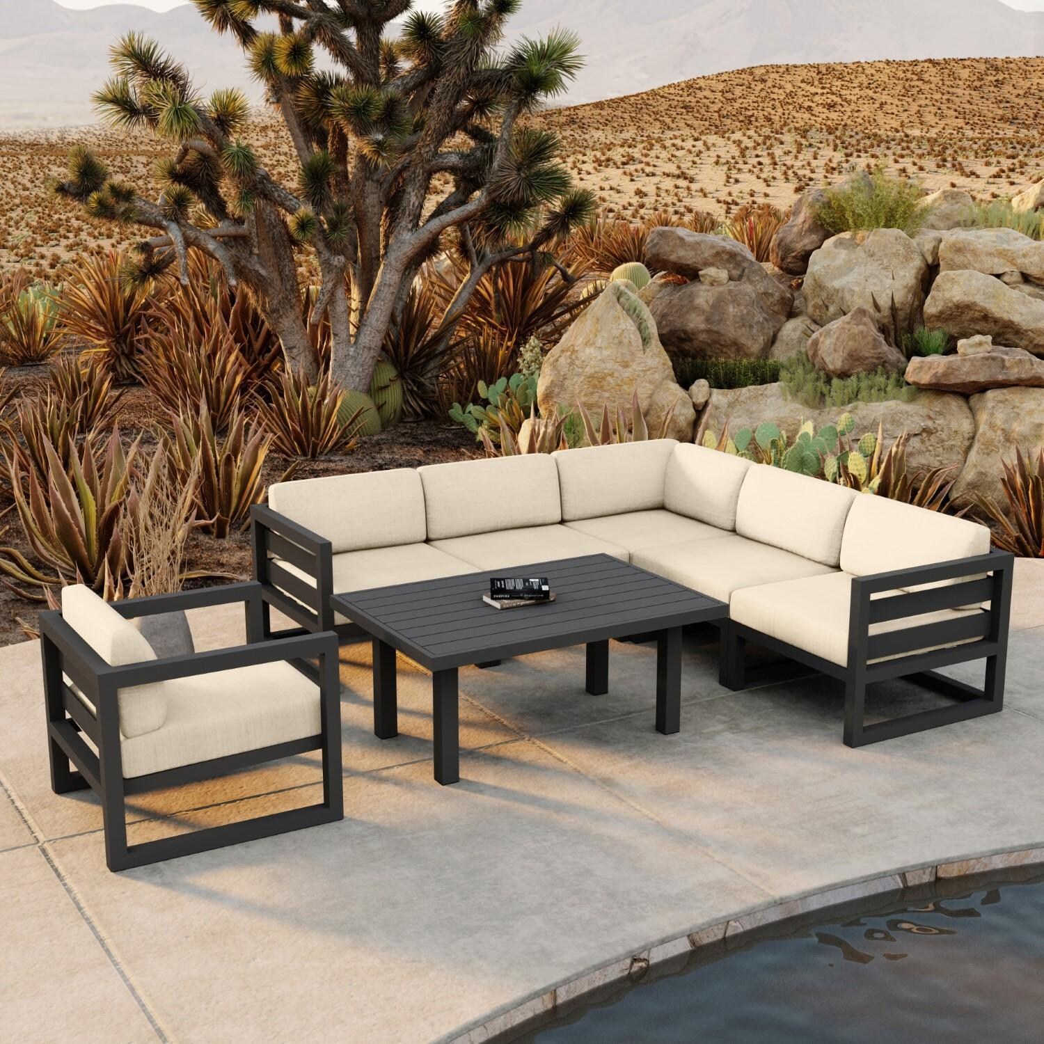 Lakeview MSTYCV-SL-SET212-CF Misty Cove 7 Pc Aluminum Sectional Set in Slate w/Chat Table & Canvas Flax Cushions by Lakeview Outdoor Designs - By the Pool - Lifestyle thumbnail