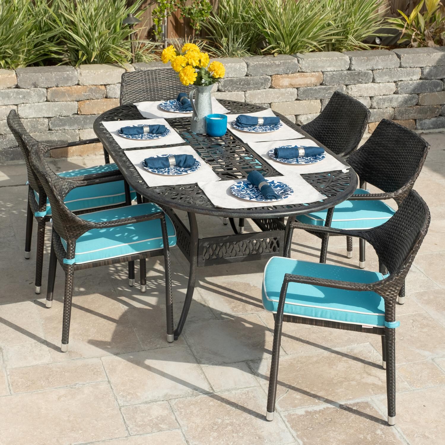 Gentilly 7 Piece Wicker Patio Dining Set W/ 72 X 42 Inch Oval Table & Sunbrella Canvas Aruba Cushions By Lakeview Outdoor Designs