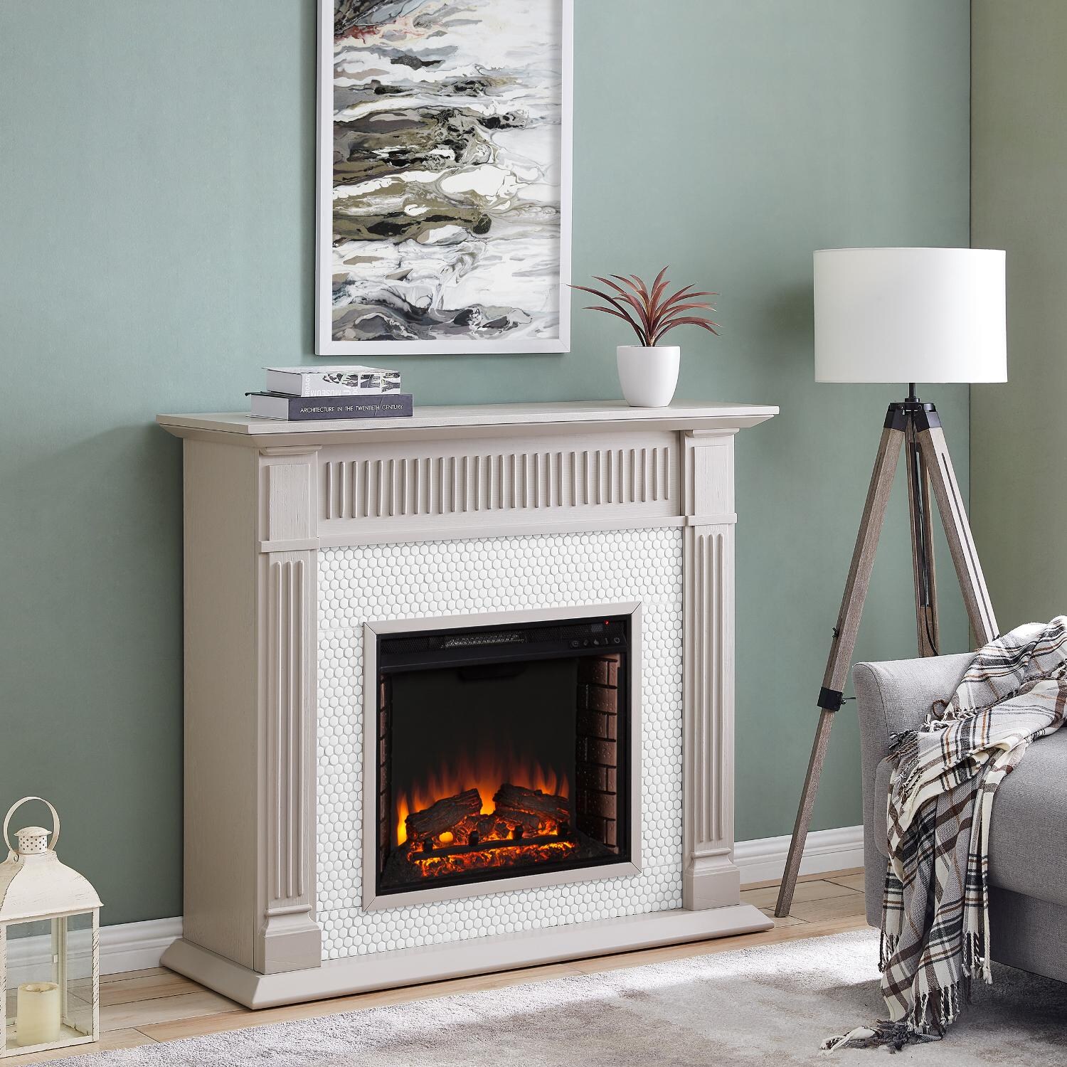 Southern Enterprises FE1009259 Chessing 48-Inch Electric Fireplace - Gray W/ White Penny-Tiles - In The Home thumbnail