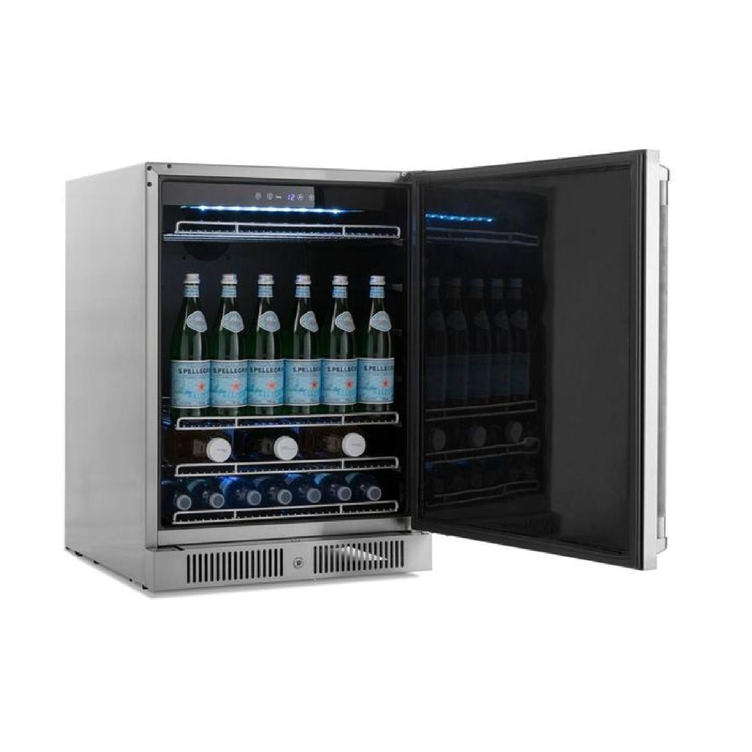 NewAge Products 67898 Classic Series 10 Ft Outdoor Kitchen Island w/ 33-in Propane Grill, Refrigerator, Trash Bin, Door & Drawer in Grove/Stainless Steel - Fridge Open - White Background thumbnail