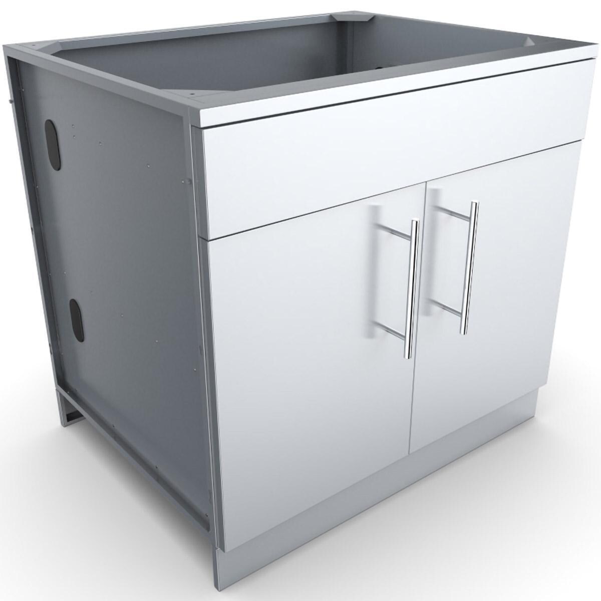 Sunstone SBC36CDD 36-in Outdoor Kitchen Double Door and Drawer Island Cabinet - Shown With False Drawer Panel - White Background thumbnail