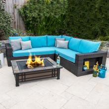 Gentilly 3 Piece Wicker Patio Fire Pit Sectional Set W/ Sofa & Sunbrella Canvas Aruba Cushions By Lakeview Outdoor Designs image