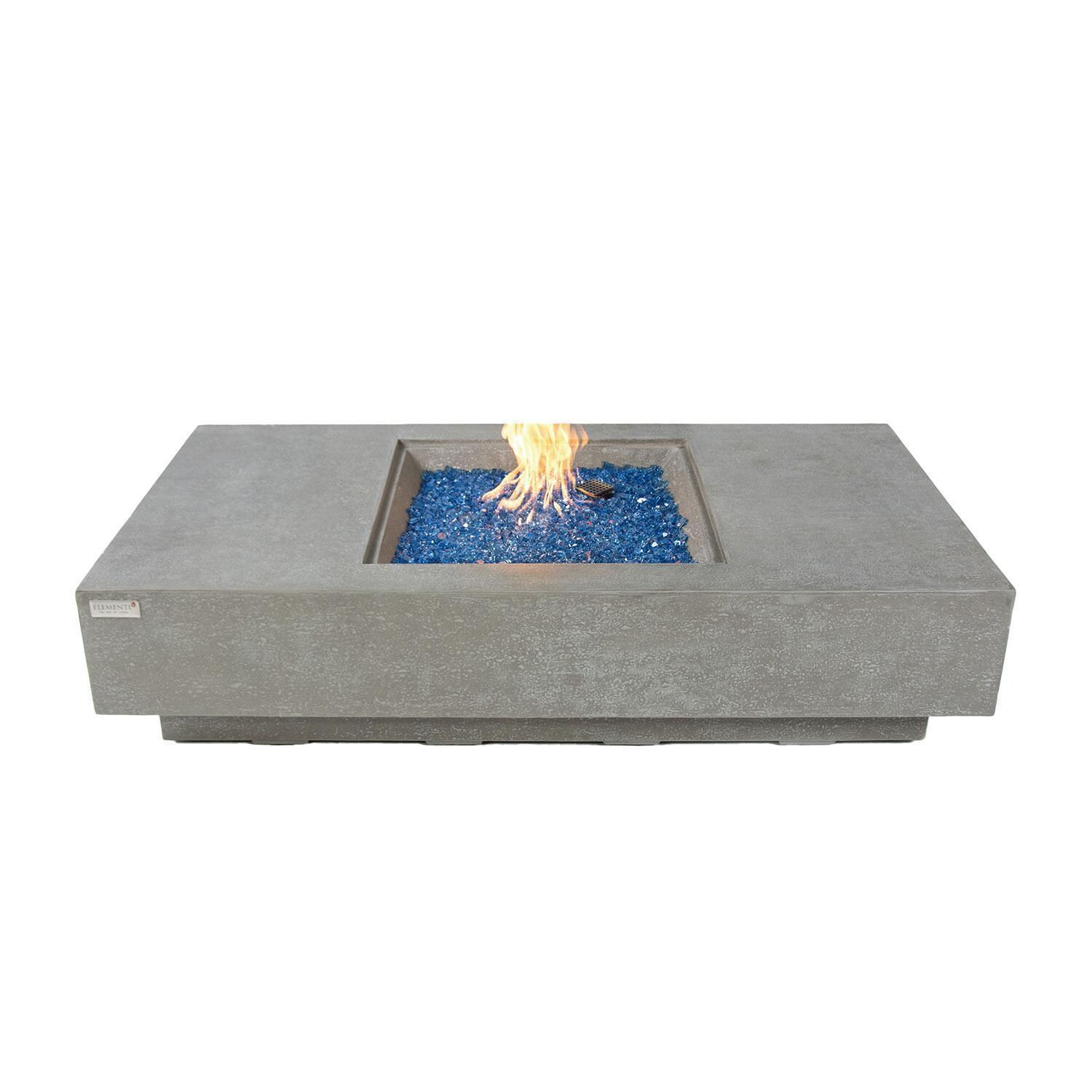 Monte Carlo 60 Inch Rectangular Natural Gas Fire Pit Table in Light Gray By Elementi - Fire Pit Lit - White Background thumbnail