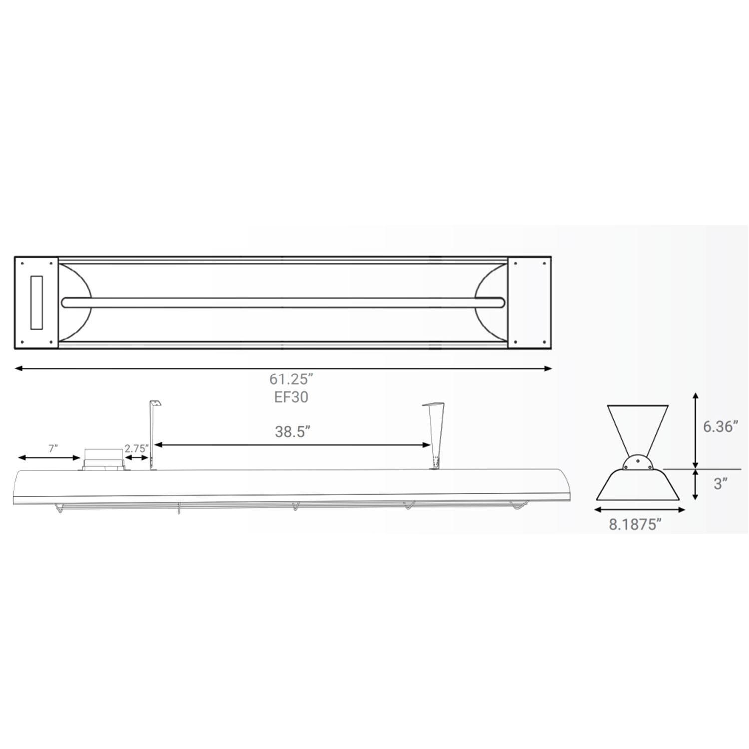 Eurofase EF30480S6 Stella Series 61 Inch 3000 Watt Single Element Marine Grade 480V Electric Patio Heater in Stainless Steel - Dimensional thumbnail