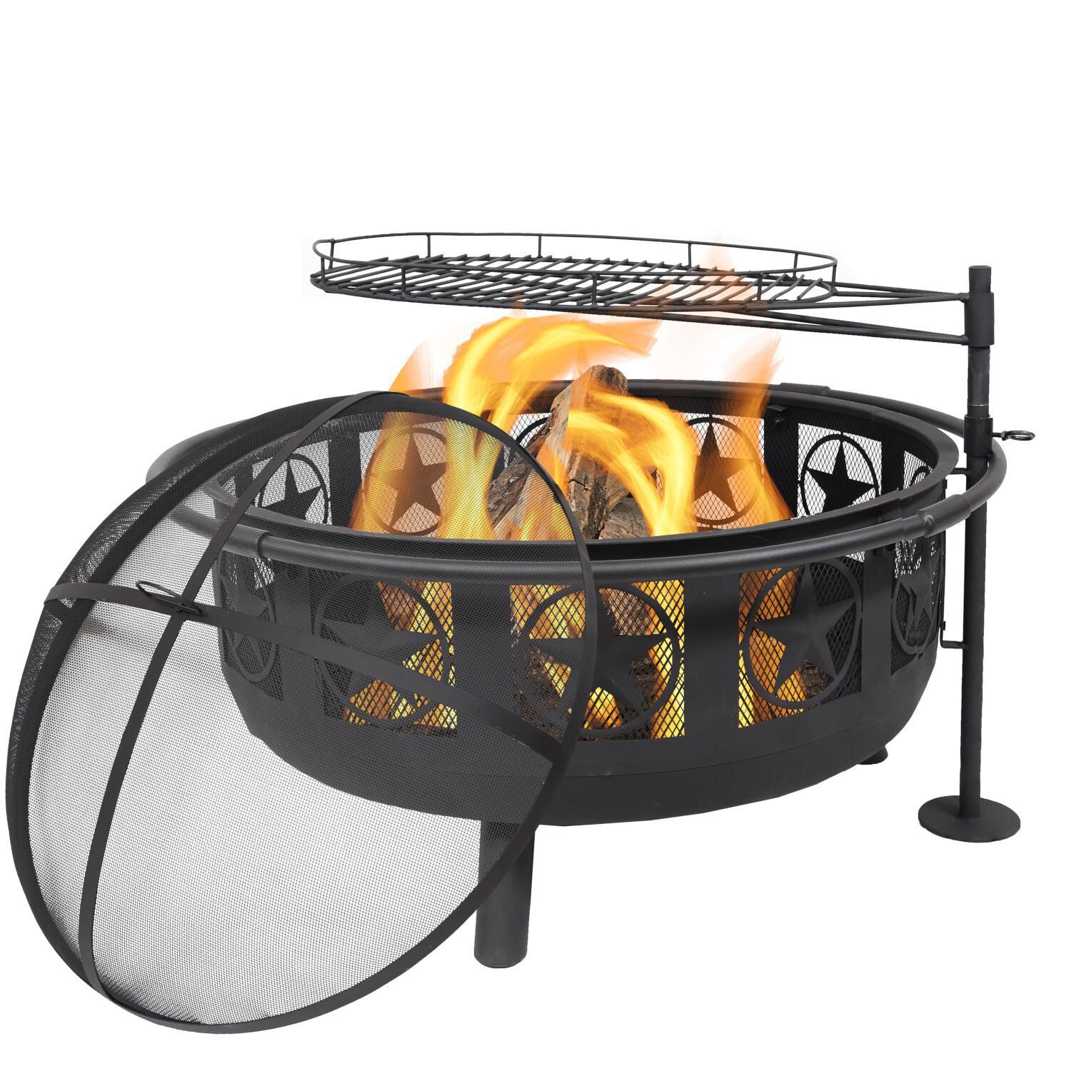 Ultimate Patio 36-Inch Steel Wood Burning Fire Pit w/ Cooking Grate - In Use thumbnail