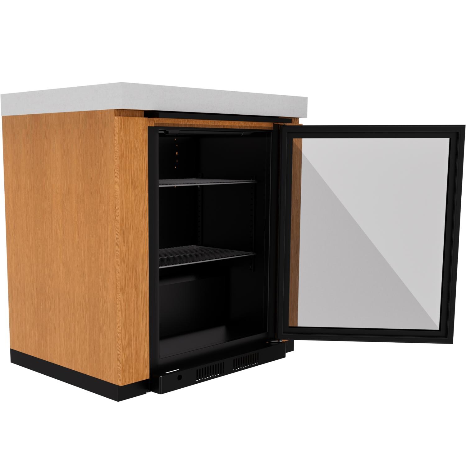 Everdure 6 1/2 Ft Outdoor Kitchen Island w/ Marine Grade Aluminum Cabinets in Timber Effect - Beverage Cooler Module Open - White Background thumbnail