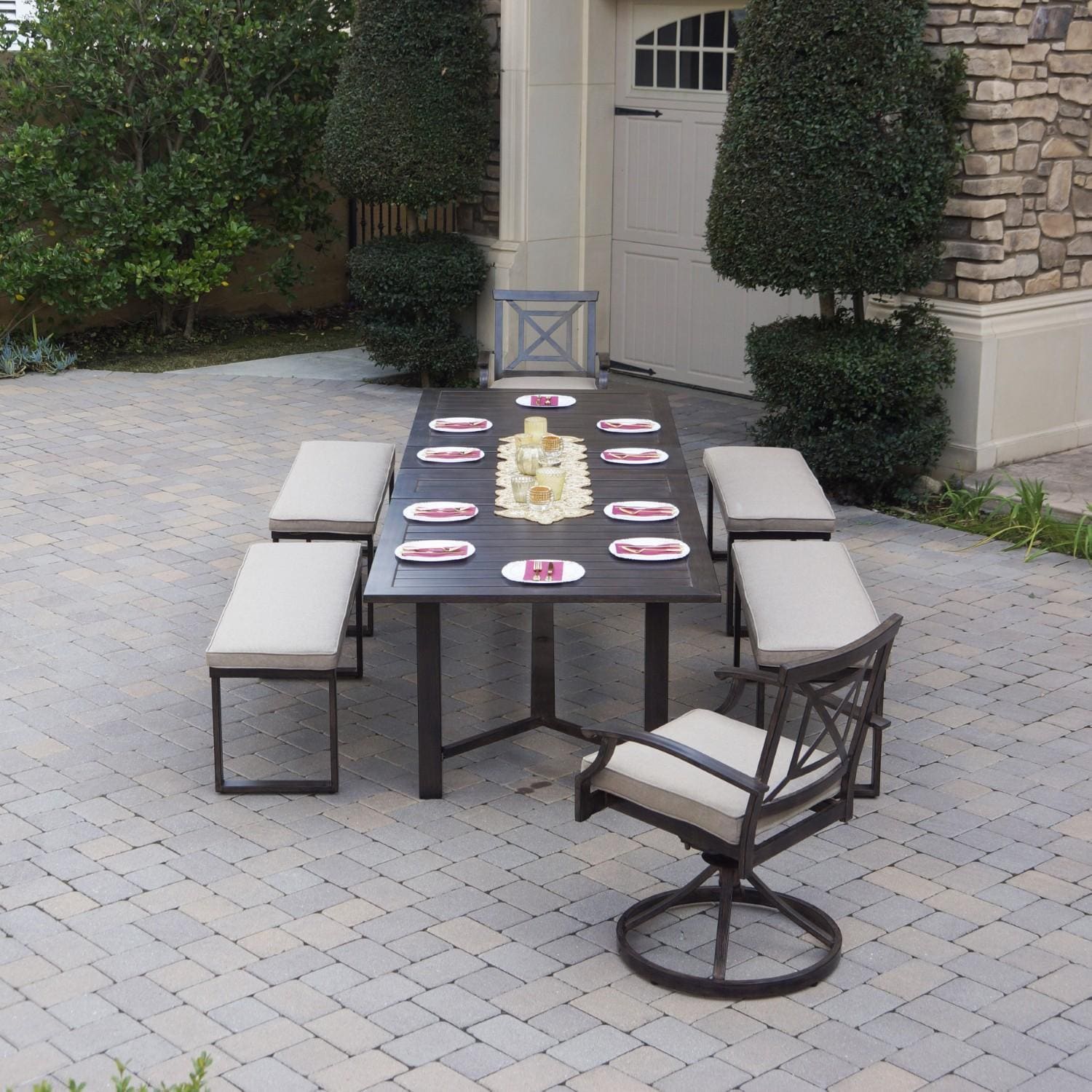 Atlantis 7 Pc Aluminum Dining Set w/ 2 Swivel Rocker Dining Arm Chairs, 4 Two Person Benches & Extension Tablein Walnut/Beige by Darlee - On Patio - Lifestyle thumbnail