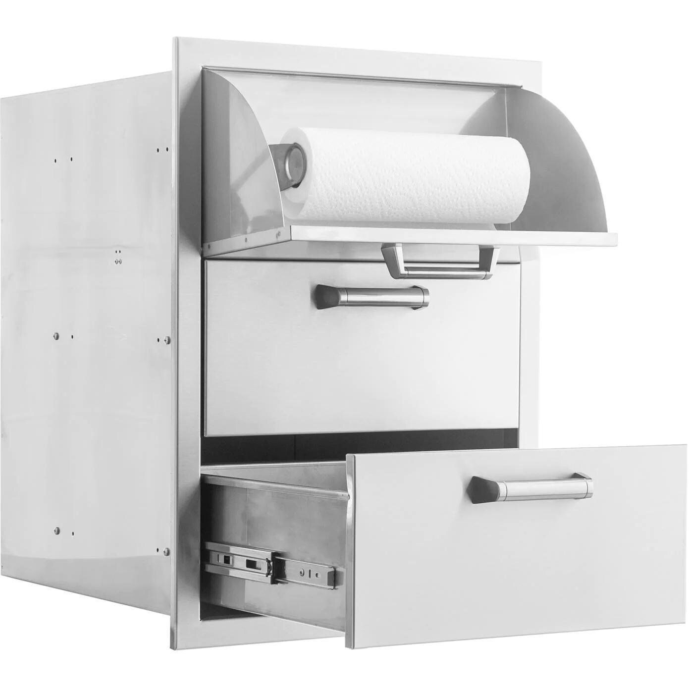 BBQGuys Signature 16-in Stainless Steel Double Access Drawer w/ Paper Towel Dispenser - Contempo Handles - Middle Drawer Closed - White Background thumbnail