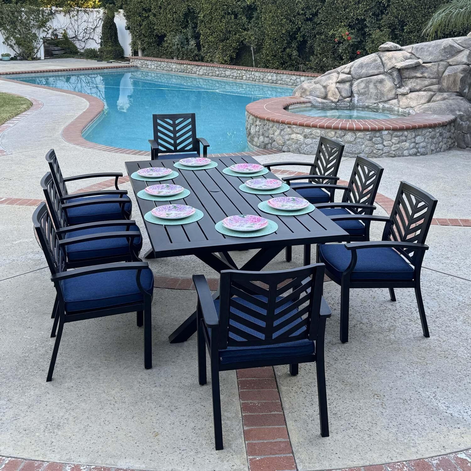 Palm Springs 9 Pc Aluminum Dining Set w/ 88" x 44" Rectangular Dining Table in Antique Bronze/Navy by Darlee - Lifestyle thumbnail