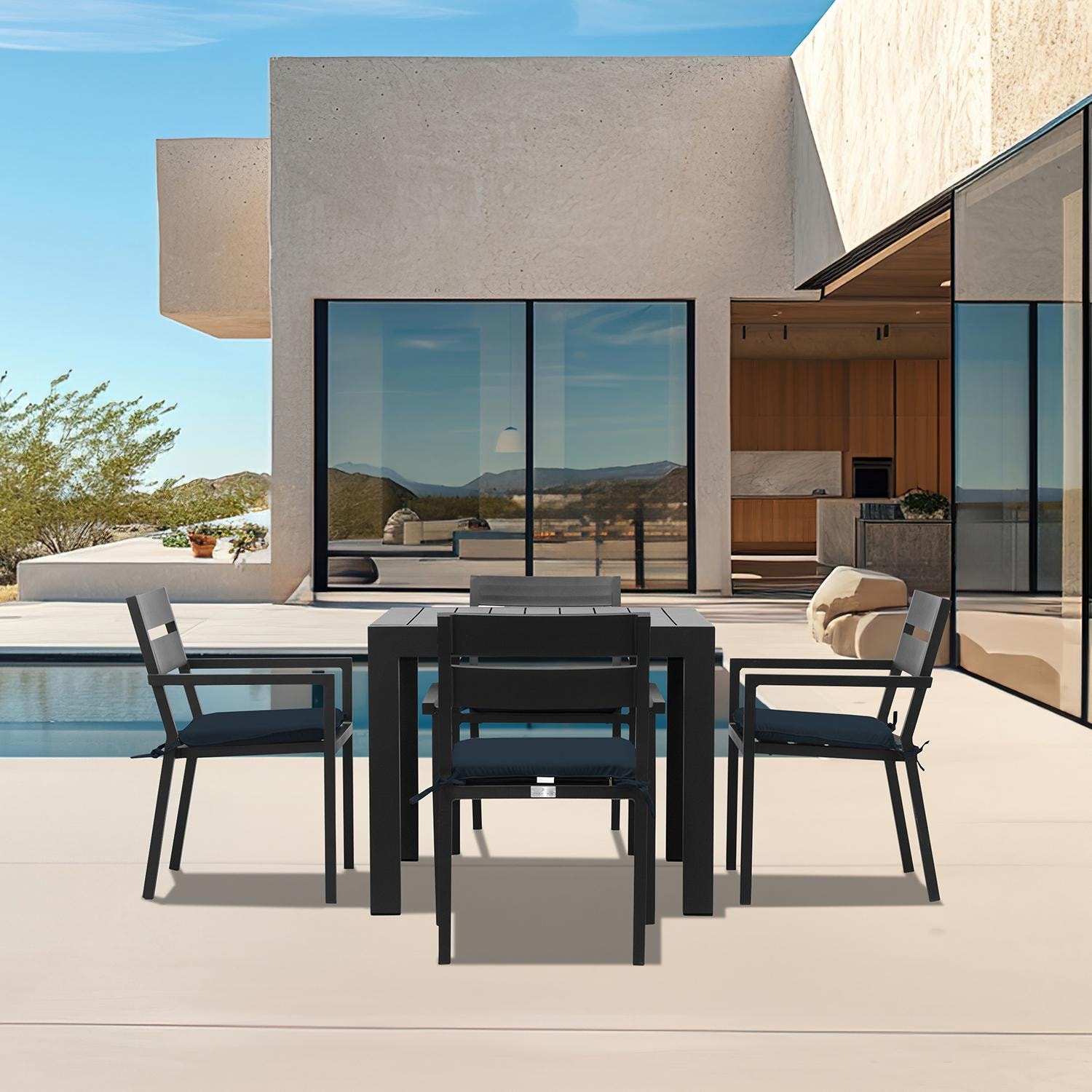 Lakeview Outdoor Designs Calm Bay Classic 5 Pc Square Aluminum Dining Set in Black/Spectrum Indigo by - CALM-BK-SET510-IN