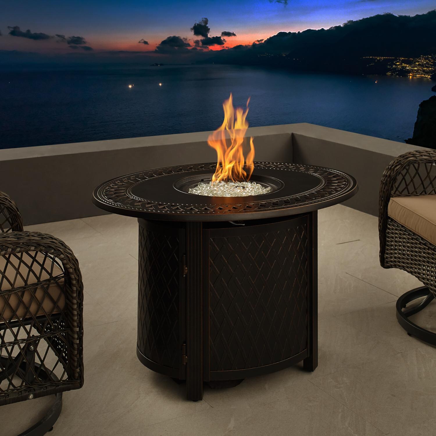Palm Way 32 Inch Round Aluminum Natural Gas Fire Pit Table in Antique Bronze by Ultimate Patio