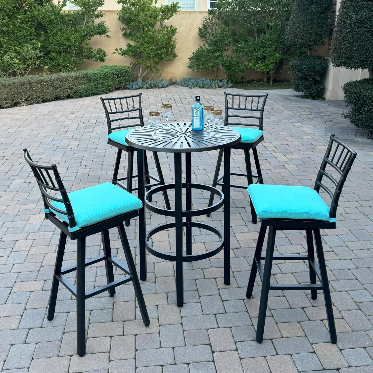 Bella 5 Pc Aluminum Swivel Bar Height Bar Set in Blue/Dark Brown by Darlee