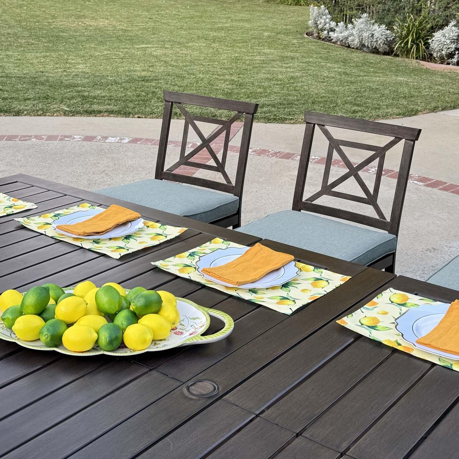 Atlantis 11 Pc Aluminum Dining Set in Walnut/Spa by Darlee - Close Up - Lifestyle thumbnail