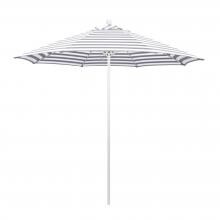California Umbrella Venture Series 9 Ft Octagonal Aluminum Patio Umbrella W/ Push Lift & Fiberglass Ribs - Matted White Frame / Olefin Gray White Cabana Stripe Canopy
