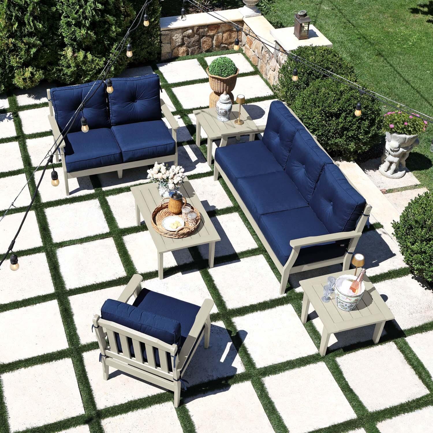 Blushing Bay 6 Pc Recycled Plastic Grand Seating Set in Spectrum Indigo/Whitewash by Lakeview Outdoor Designs - Top View - Lifestyle thumbnail