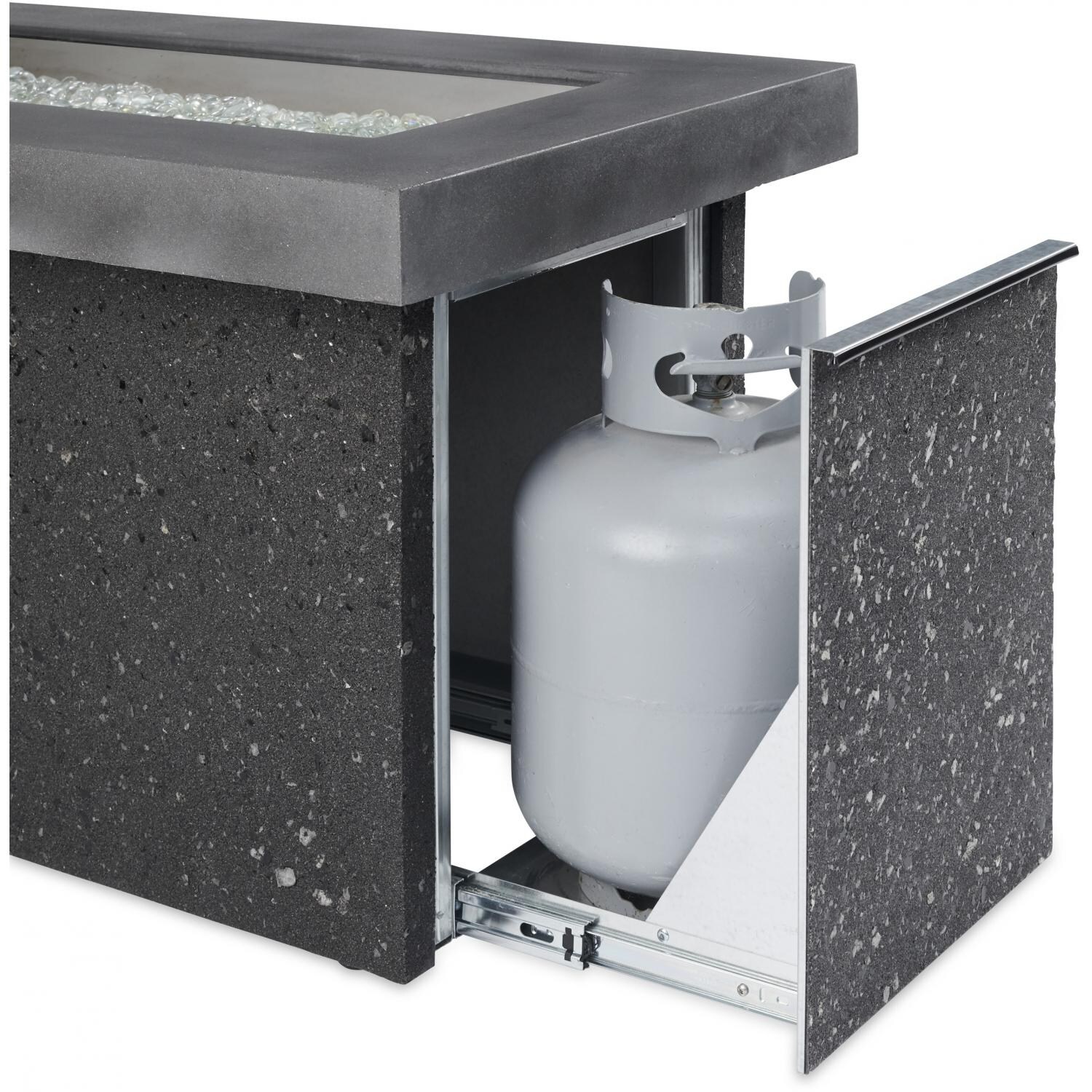 The Outdoor GreatRoom Company Key Largo Linear Gas Fire Pit Table - Midnight Mist - Access door provides convenient storage for propane tanks thumbnail