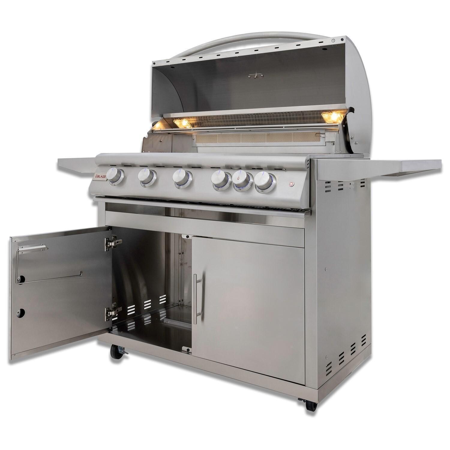 Blaze BLZ-5LTE3-LP Premium LTE+ 40-Inch 5-Burner Propane Grill With Rear Infrared Burner & Lift-Assist Hood - On Cart - Drawers Open - White Background