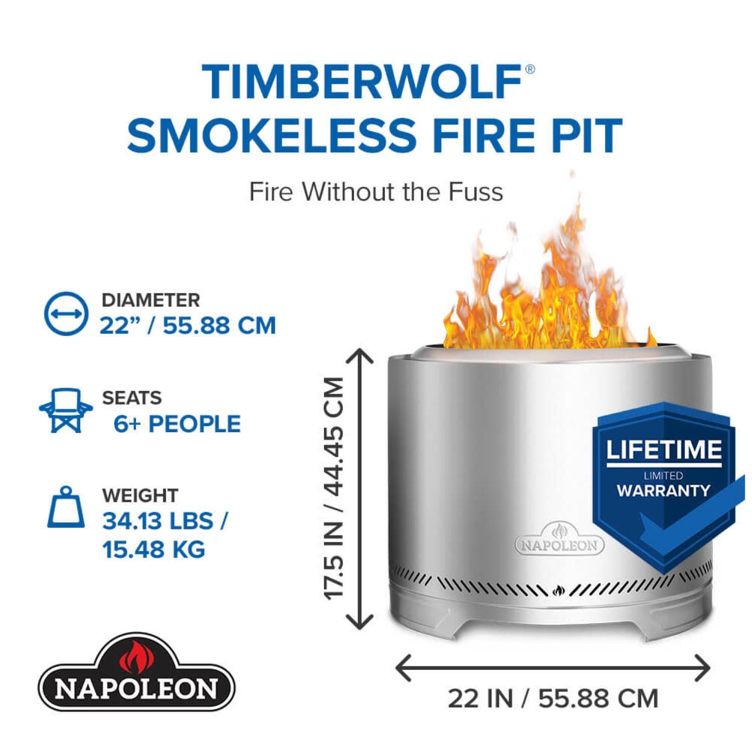 Napoleon NWFPMTI-SS Timberwolf 18-in Smokeless Round Fire Pit in Stainless Steel - Dimensions, Seat Capacity, and Weight - Detail thumbnail