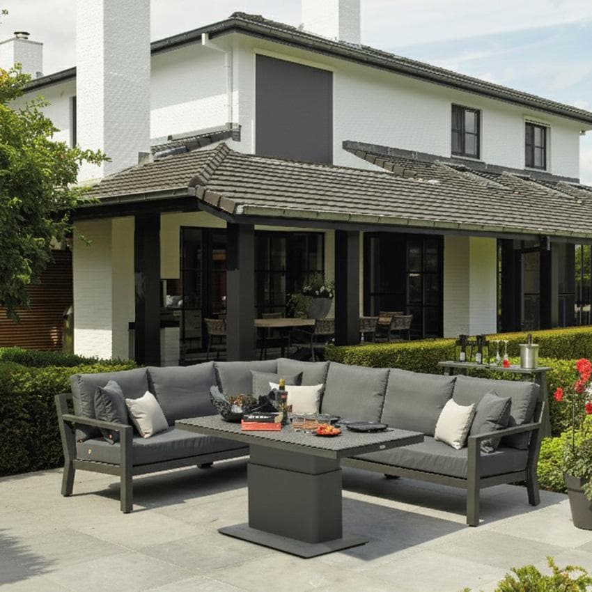 Timber 4 Pc Aluminum Sectional Set in Lava / Natte Charcoal - Set w/ Things on Table - Lifestyle thumbnail