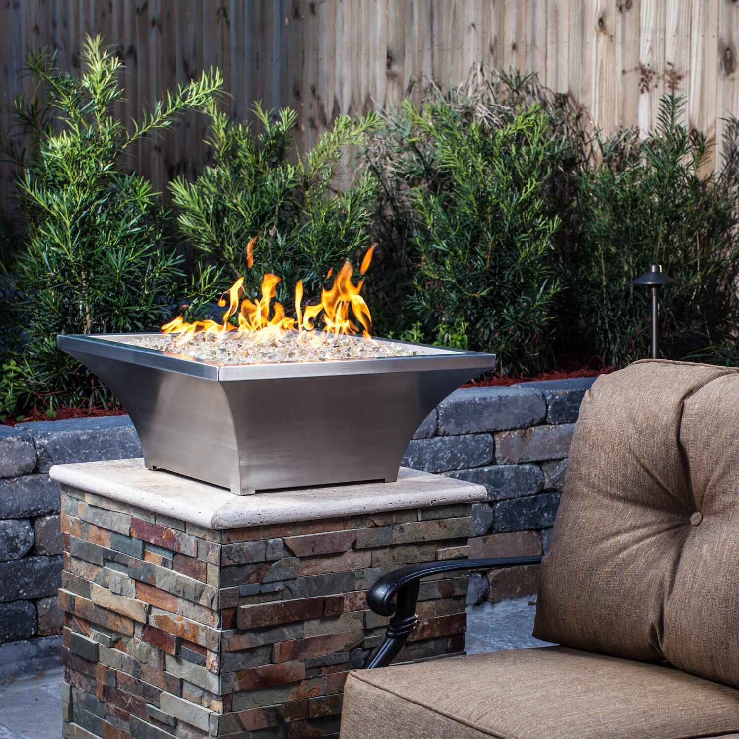 BBQGuys Signature Series Lavelle 24-Inch Square High-Rise Natural Gas Fire Bowl - Stainless Steel - Lifestyle - Shown with 1/2 inch White Gold Reflective Fire Glass thumbnail