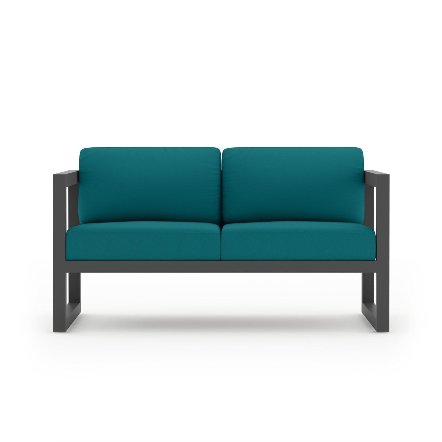 Misty Cove 4 Pc Aluminum Loveseat Set in Slate W/ Spectrum Peacock Cushions & Portal Coffee Table By Lakeview - Loveseat - White Background thumbnail