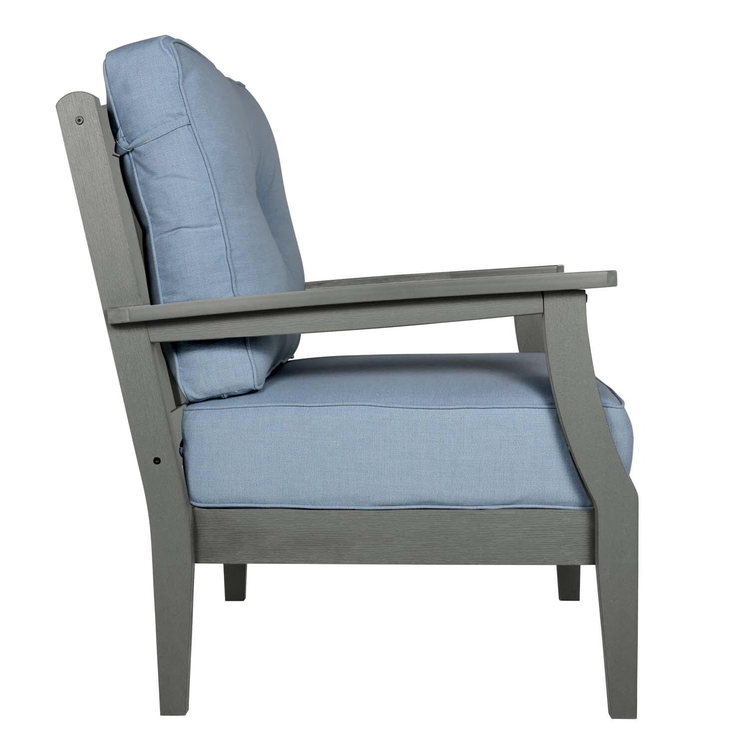 Blushing Bay Recycled Plastic Club Chair in Bliss Dew/Coastal Teak by Lakeview Outdoor Designs - Side View - White Background thumbnail