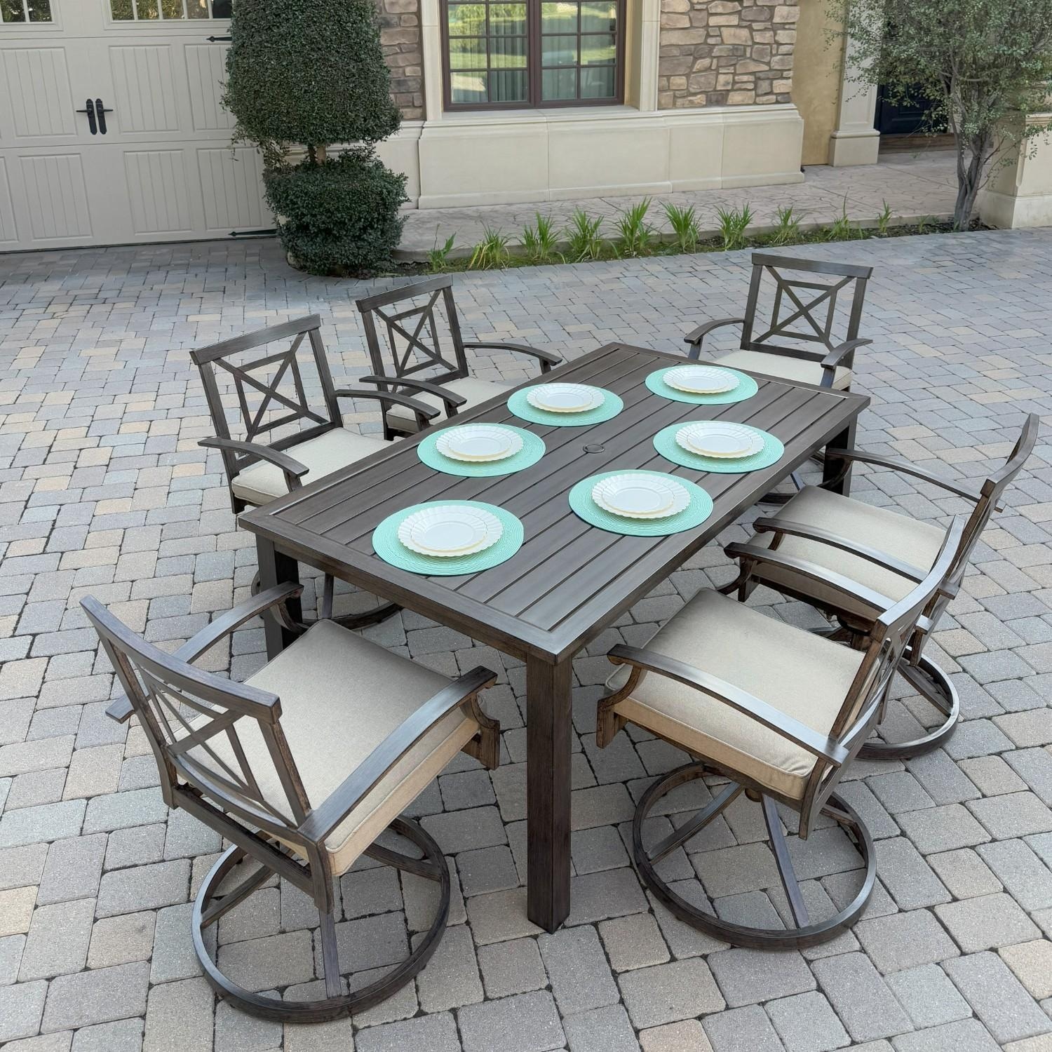 Darlee Atlantis 7 Pc Aluminum Dining Set w/ 6 Swivel Rocker Dining Arm Chairs in Walnut/Beige by - B/2350-7PCAR-RE-Beige