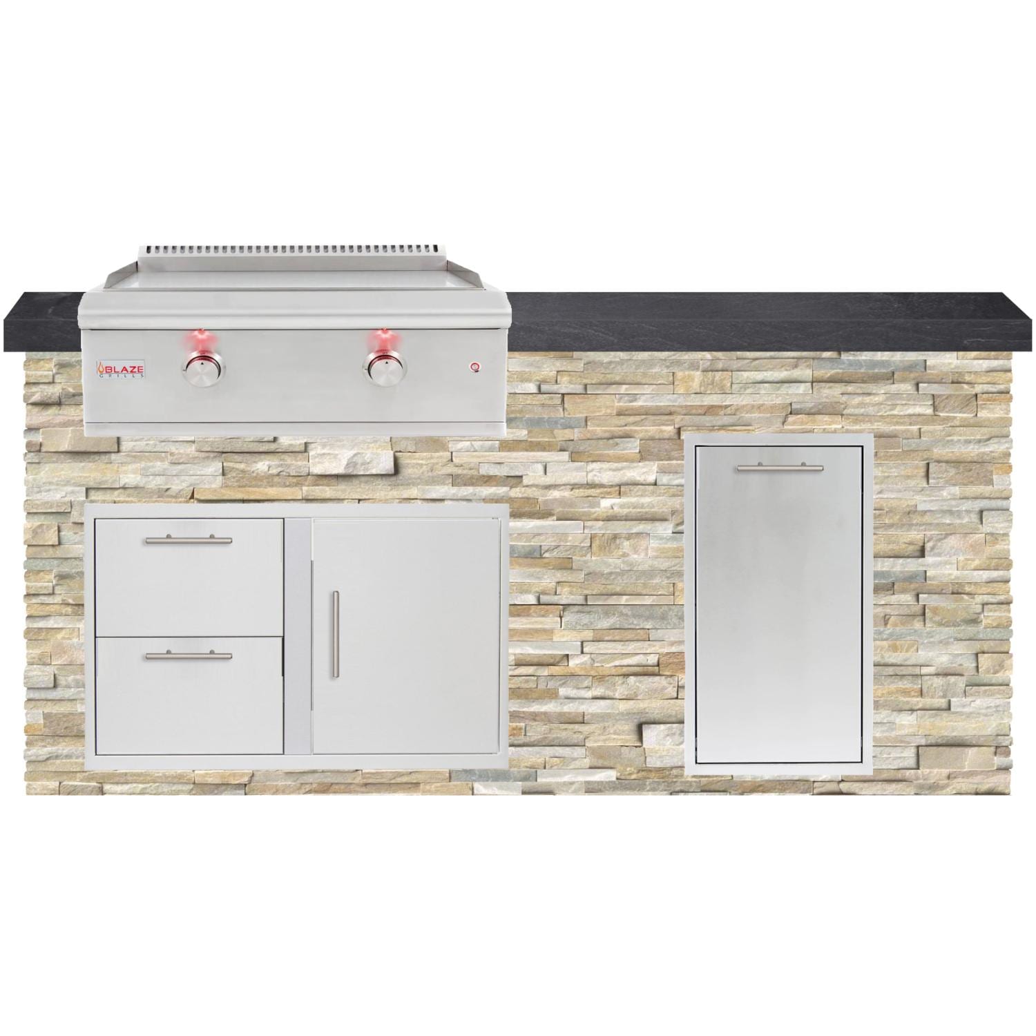 BBQGuys Signature 6ft Luxury Outdoor Island W/ Blaze Premium LTE 30-Inch Propane Griddle - Golden Honey Stone W/ Black Polished Granite