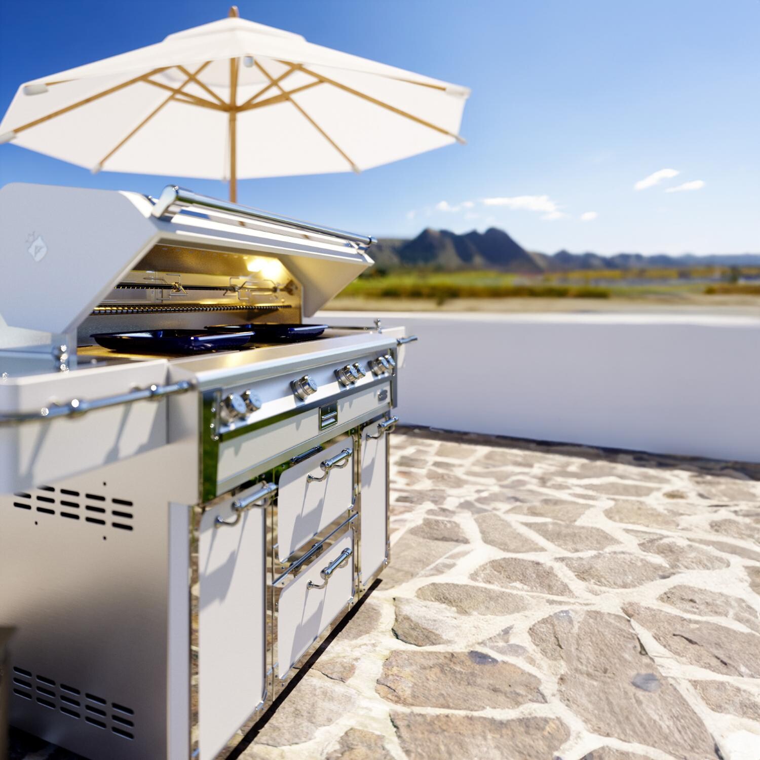 Officine Gullo BBQ56FS05 56-Inch OG Professional Propane Grill Cart in Arancia di Sicilia - Freestanding Grill Shown in White From the Side - Lifestyle thumbnail