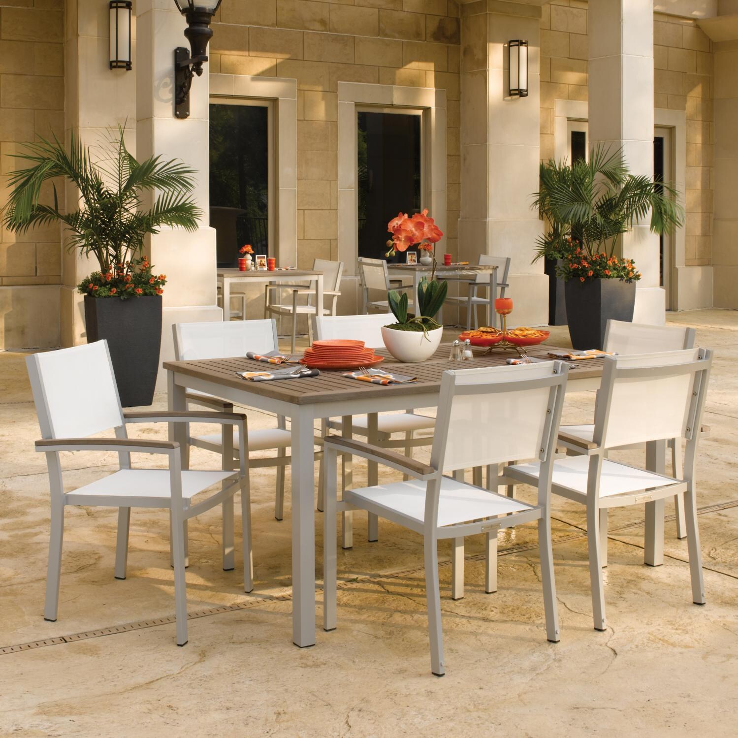 Travira 7 Piece Sling Patio Dining Set W/ 63-Inch Rectangular Vintage Tekwood Table & Stacking Chairs - Natural thumbnail
