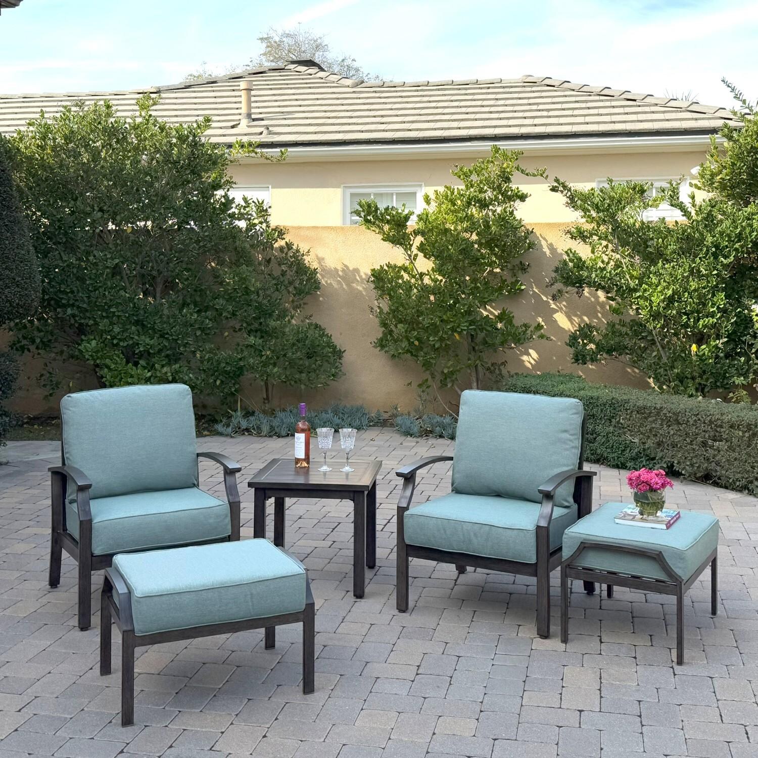 Atlantis 5 Pc Aluminum Seating Set w/ 2 Club Chairs & 2 Ottomans in Walnut/Spa by Darlee - Chairs w/ Ottomans - Lifestyle thumbnail