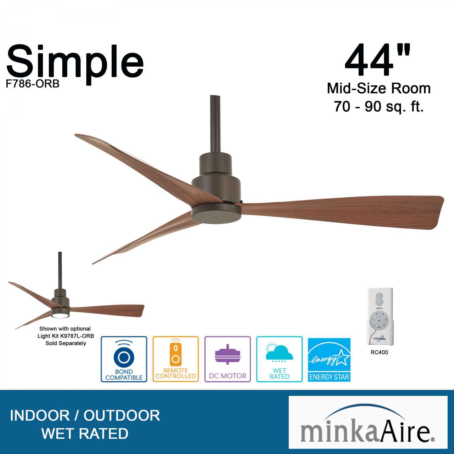 Minka-Aire F786-ORB Simple 44-Inch 3-Blade Ceiling Fan in Oil Rubbed Bronze Finish w/ - Medium Maple - Blades - Overview thumbnail