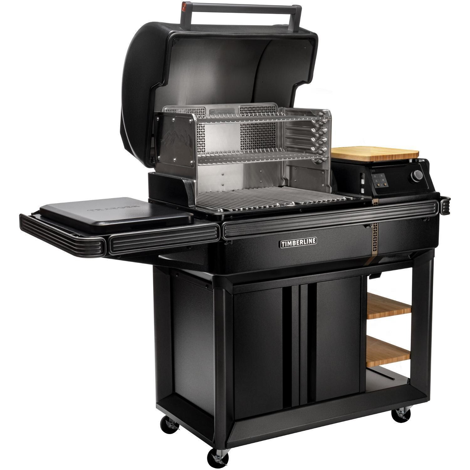 Traeger All-New Timberline Wi-Fi Controlled Wood Pellet Grill w/ WiFire 5 Pc Bundle - Angled Open - White Background thumbnail