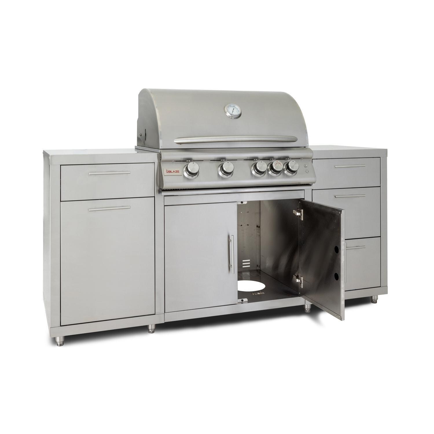 Blaze BLZ-SS-ISLAND-4LTE2-LP 6-Foot Stainless Steel Island w/ Premium LTE 32-Inch Propane Grill - Angled One Storage Door Open - White Background thumbnail