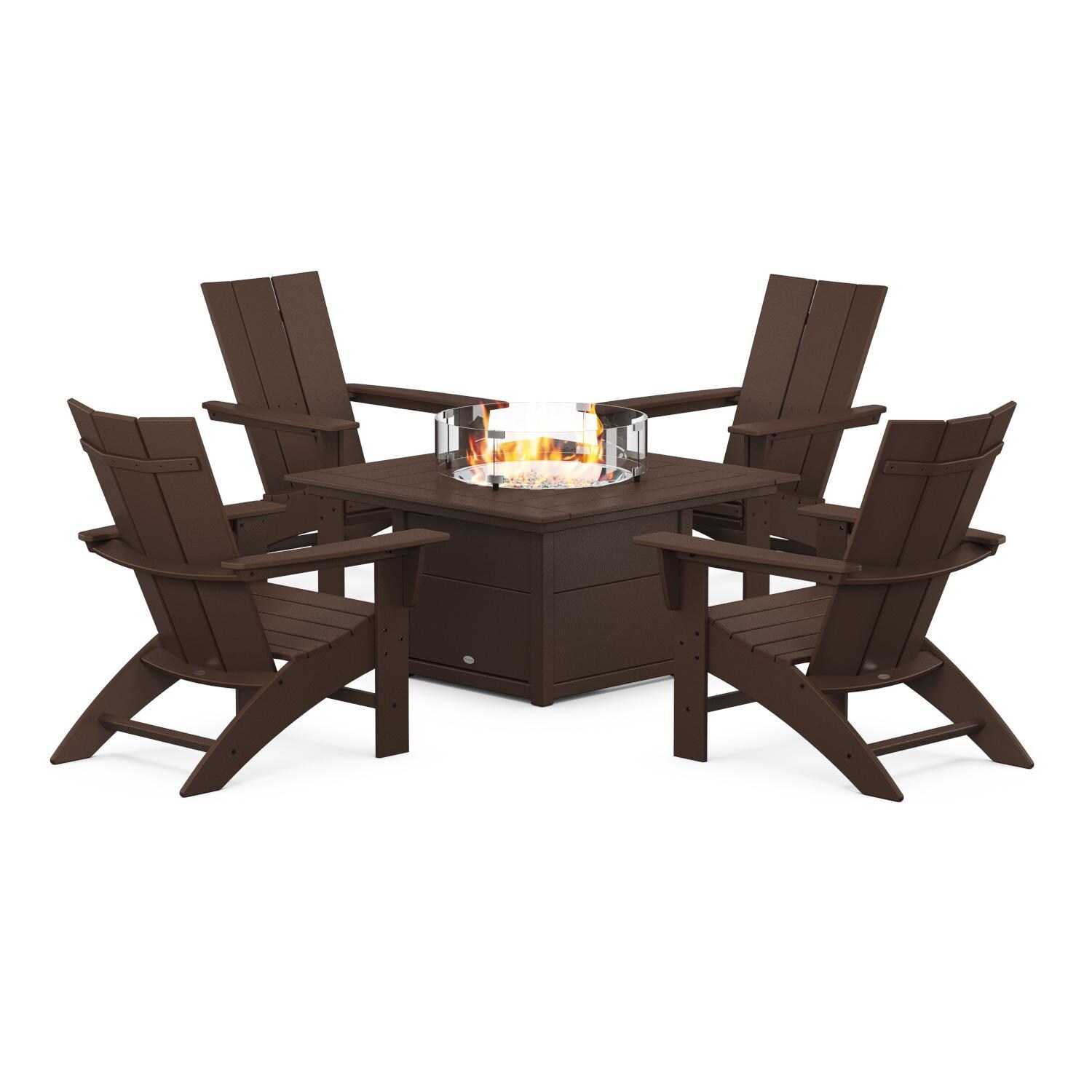 POLYWOOD Modern Mahogany 5-Piece Curveback Adirondack Conversation Set w/ Fire Pit Table thumbnail