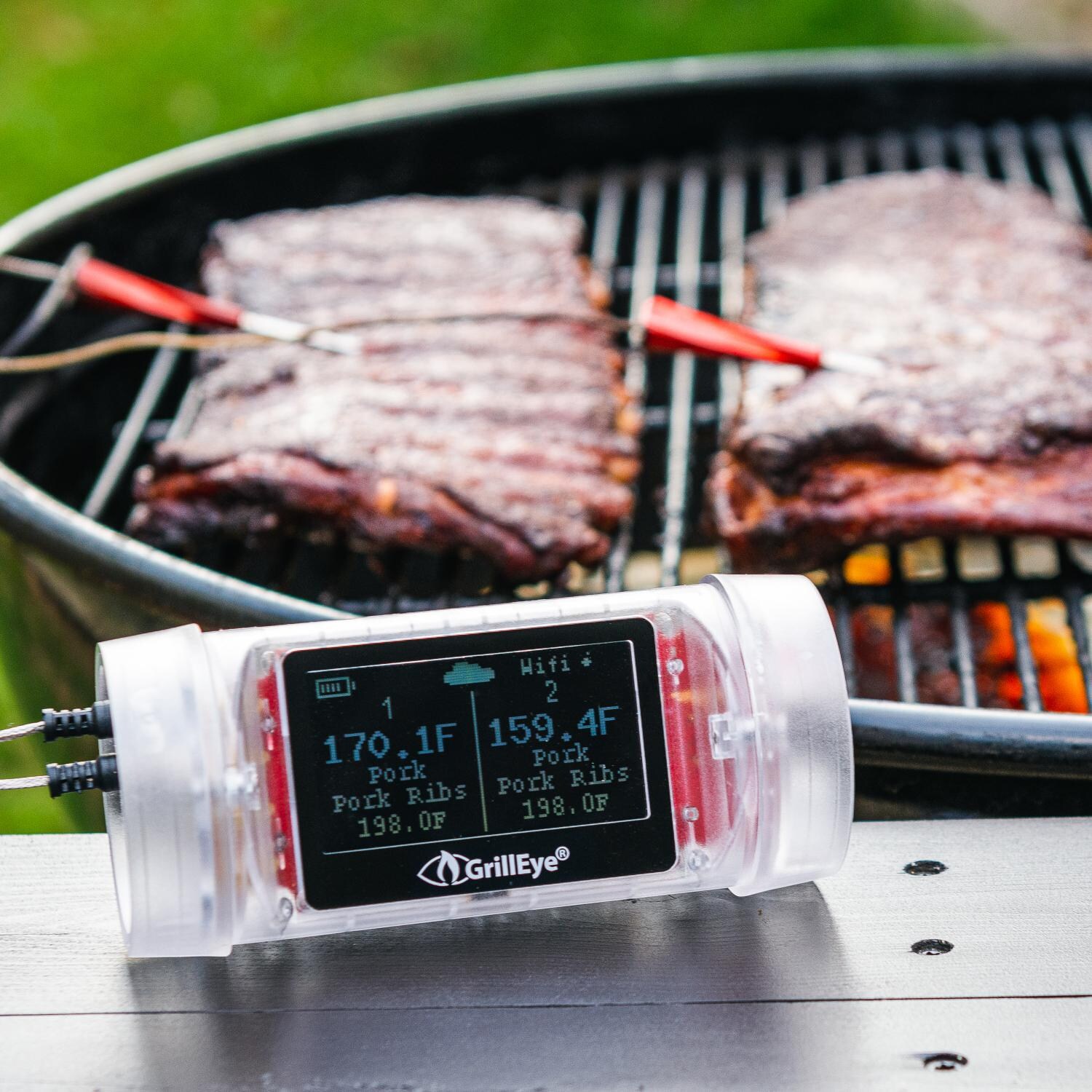 GrillEye GE0006 + GE0008 (2) Max Wireless Grilling & Smoker Smart Thermometer W/ 4 Probes - In Use - Ribs thumbnail