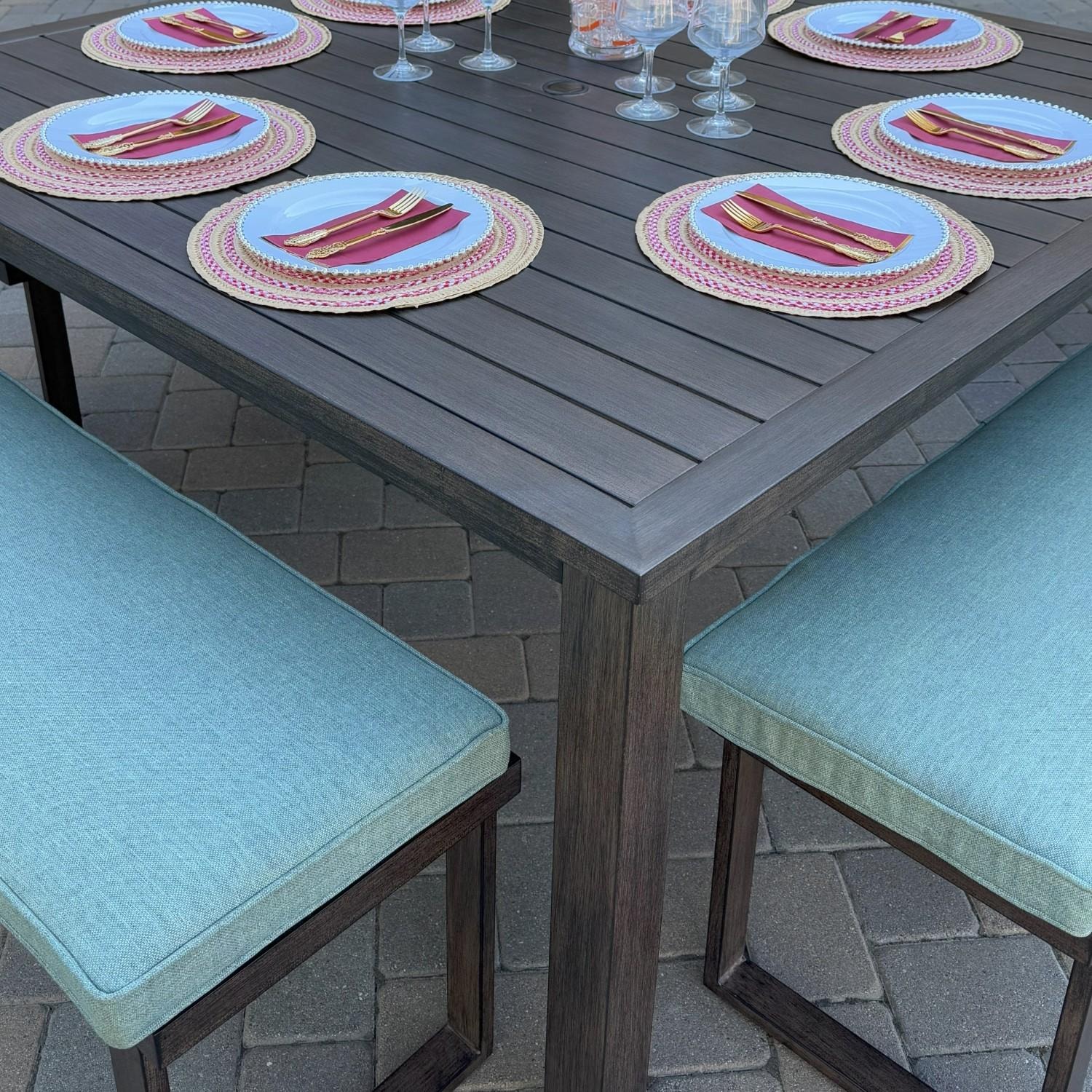 Atlantis 5 Pc Aluminum Dining Set w/ 4 Two Person Benches in Walnut/Spa by Darlee - Table Side - Lifestyle thumbnail