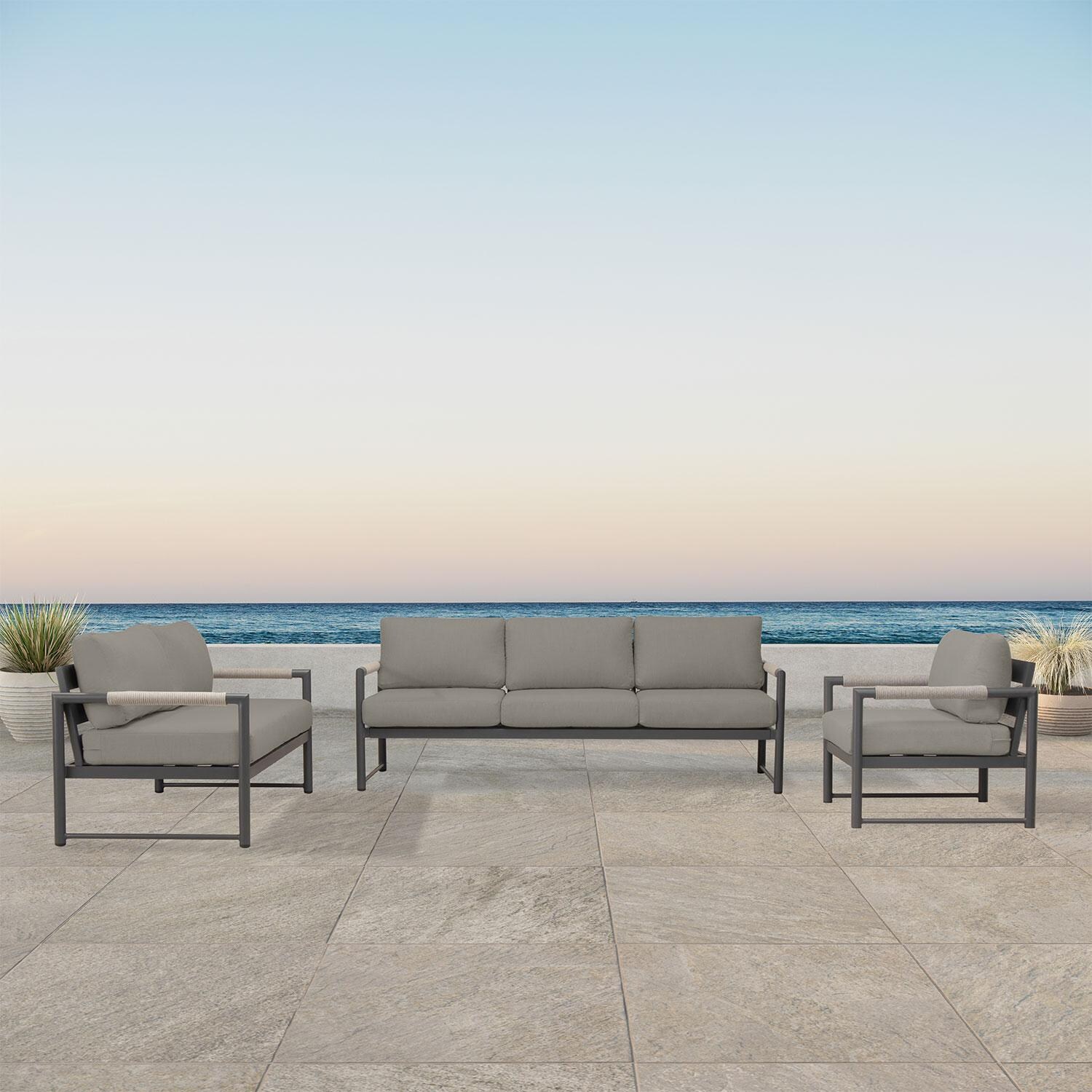 Lakeview AVEBAY-SL-PG-SET143-CC Avenue Bay Slate/Pebble Gray 3 Pc Sofa Loveseat Set - Canvas Charcoal - On Patio - Lifestyle thumbnail