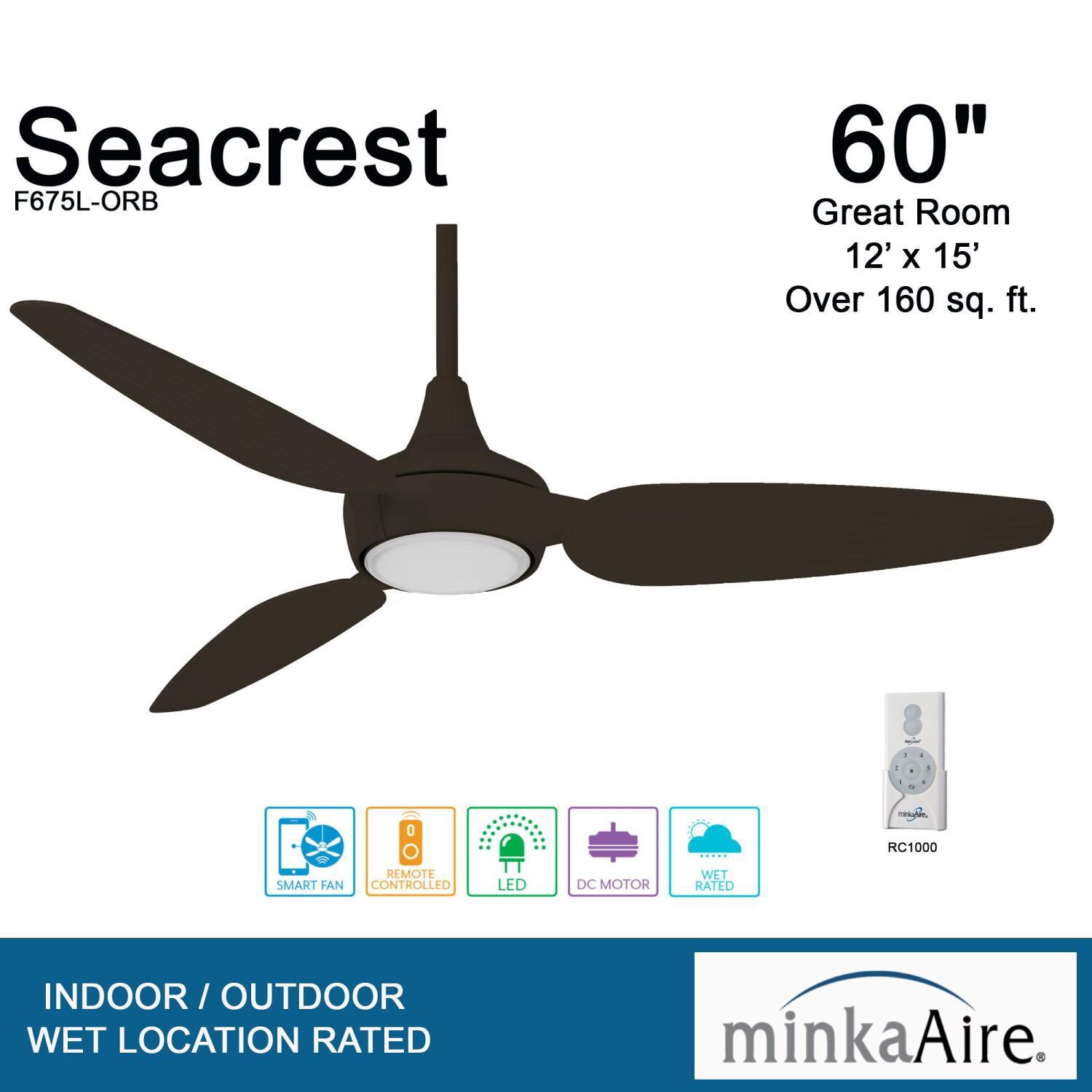 Minka-Aire F675L-ORB Seacrest 60-Inch 3-Blade LED Ceiling Fan in Oil Rubbed Bronze Finish w/ Oil Rubbed Bronze Blades & Etched Glass - Overview thumbnail