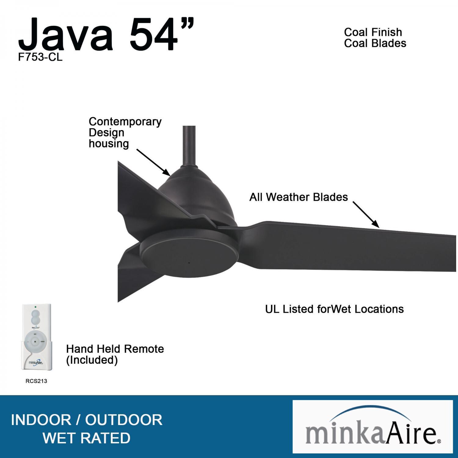 Minka-Aire F753-CL Java 54-Inch 3-Blade Ceiling Fan in Coal Finish w/ Coal Blades - Details thumbnail